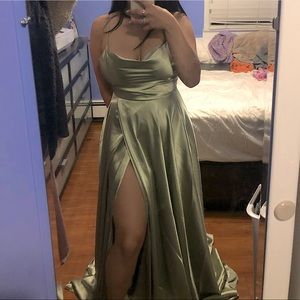 sage green slit satin prom dress